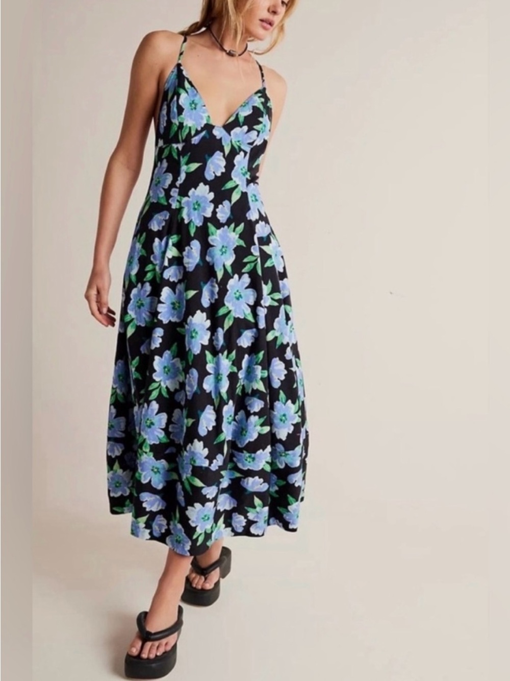 Free People Finer Things Floral Cotton Backless Maxi Dress Medium Blue Black